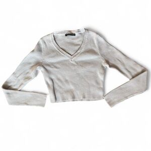 Brandy Melville Grey Women’s long sleeve ribbed knit V-neck cropped top